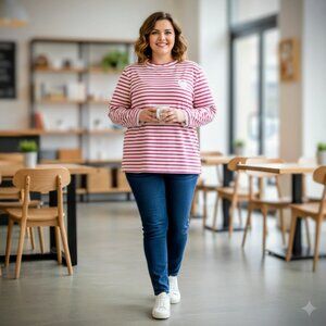TALBOTS Plus Size Pink And White Striped Eyelet Heart Thick All Cotton Top – 2X
